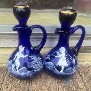 Blue and Gold Hand-Painted Glass Decanters